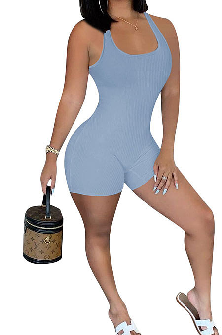 Pure Color Screw Thread Mid Waist Romper Shorts NK240