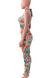 Sexy Women Net Yarn Sleeveless Shirred Detail Printing Long Dress NK235