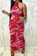 Sexy Women Net Yarn Sleeveless Shirred Detail Printing Long Dress NK235