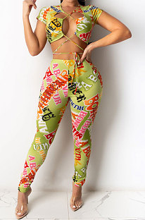 Trendy Casual Letter Printing Sexy Bind Short Sleeve Long Pants Sets KY3060