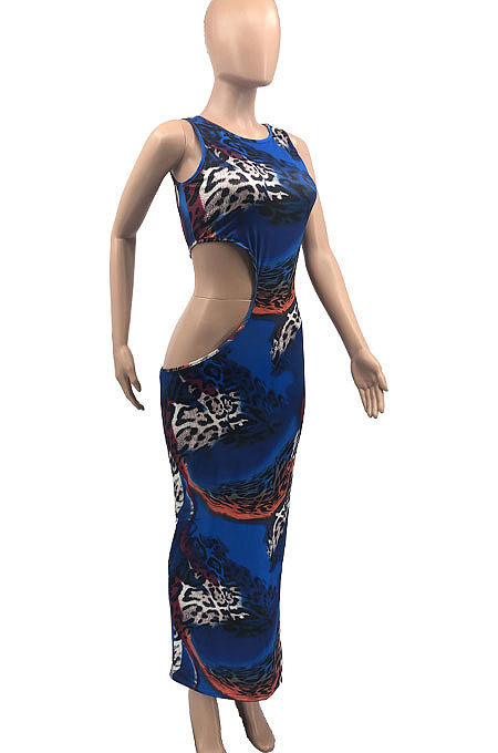 Fashion Tie Dye Leopard Printing Sexy Cultivate One's Morality Sleeveless Long Dress KY3071