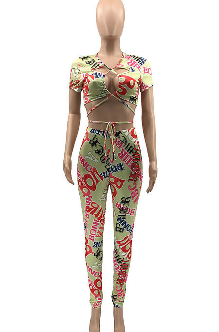 Trendy Casual Letter Printing Sexy Bind Short Sleeve Long Pants Sets KY3060