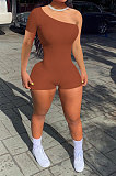 Rib One Shoulder Pure Color Romper Shorts NK241