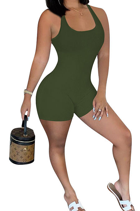Pure Color Screw Thread Mid Waist Romper Shorts NK240