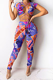 Trendy Casual Letter Printing Sexy Bind Short Sleeve Long Pants Sets KY3060
