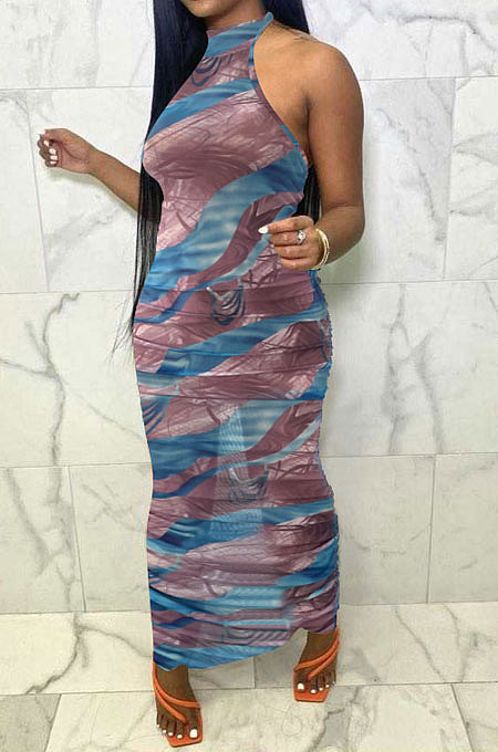 Sexy Women Net Yarn Sleeveless Shirred Detail Printing Long Dress NK235