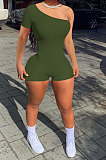 Rib One Shoulder Pure Color Romper Shorts NK241