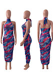Sexy Women Net Yarn Sleeveless Shirred Detail Printing Long Dress NK235