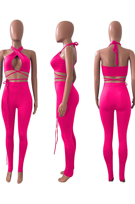 Halter Neck Bind Tight Pure Color Pants Sets NK236