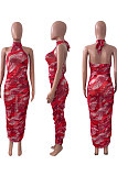 Sexy Women Net Yarn Sleeveless Shirred Detail Printing Long Dress NK235