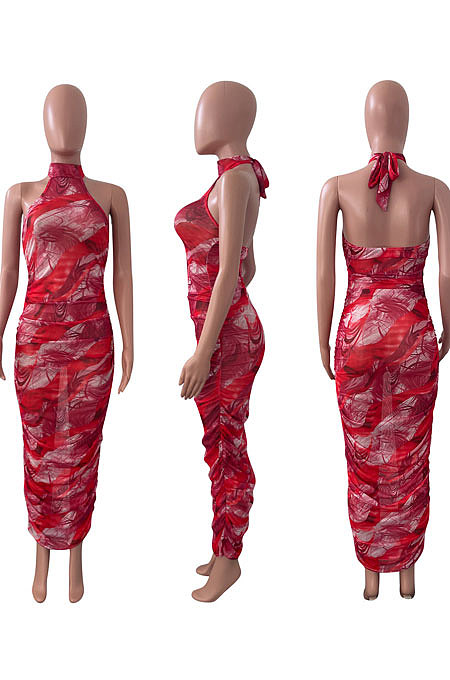 Sexy Women Net Yarn Sleeveless Shirred Detail Printing Long Dress NK235