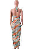 Sexy Women Net Yarn Sleeveless Shirred Detail Printing Long Dress NK235