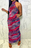 Sexy Women Net Yarn Sleeveless Shirred Detail Printing Long Dress NK235
