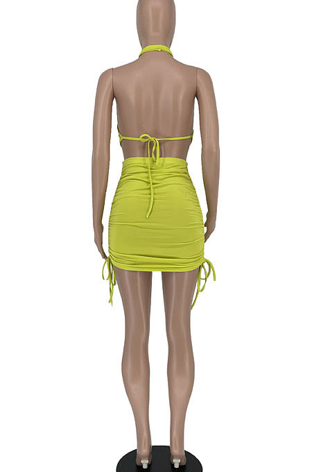 Sexy Women Halter Neck Drawsting Ruffle Package Buttocks Backless Mini Dress BE8023