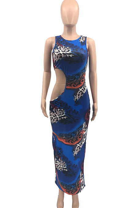 Fashion Tie Dye Leopard Printing Sexy Cultivate One's Morality Sleeveless Long Dress KY3071