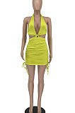 Sexy Women Halter Neck Drawsting Ruffle Package Buttocks Backless Mini Dress BE8023