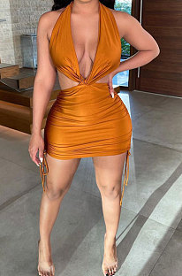 Sexy Women Halter Neck Drawsting Ruffle Package Buttocks Backless Mini Dress BE8023