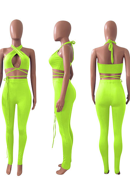 Halter Neck Bind Tight Pure Color Pants Sets NK236