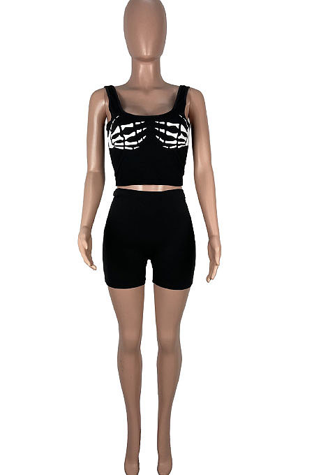 Offset Printing Sexy Skeleton Hands Short Sleeve Shorts Sets MOL142