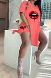 Sexy Mouth Graphic Printing Pure Color Short Sleeve Shorts Sets MOL140