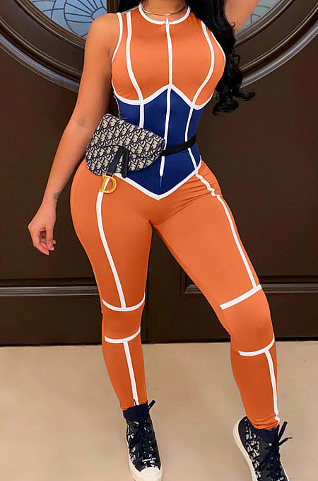 Leisure Sleeveless Print Striped Round Neck Women Tight Jumpsuit KDN2119