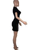 Hurnt Flower Sexy Hollow Out Short Sleeve Pure Color Mini Dress MOL149