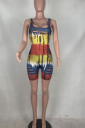 Women Trendy Sexy Tie Dye Hollow Out Hurnt Flower Romper Shorts MOL143