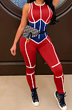 Leisure Sleeveless Print Striped Round Neck Women Tight Jumpsuit KDN2119