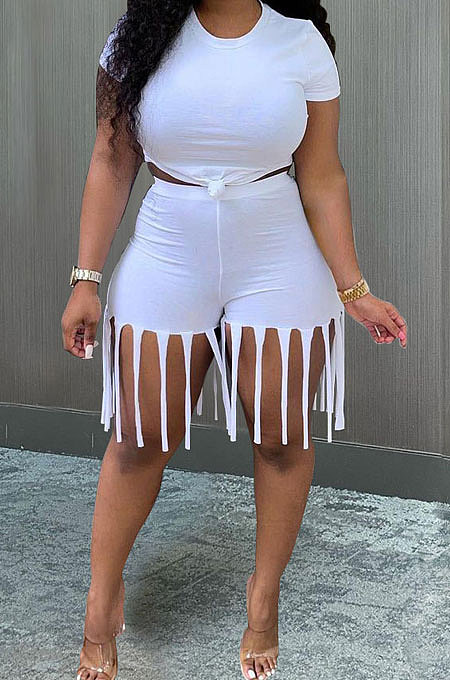 Women Pure Color Sport Tassel Shorts Sets MTY6529