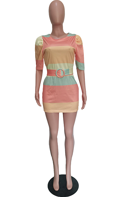 Euramerican Women Stripe Steel Ring Belt Dress BBN160