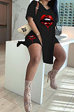 Sexy Mouth Graphic Printing Pure Color Short Sleeve Shorts Sets MOL140