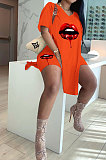 Sexy Mouth Graphic Printing Pure Color Short Sleeve Shorts Sets MOL140