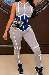 Leisure Sleeveless Print Striped Round Neck Women Tight Jumpsuit KDN2119