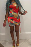 Sexy Women Batch Printing Shirred Detail Mini Dress NK225