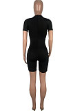 Women Sexy Hurnt Flower Pure Color Hollow Out Zipper Romper Shorts MOL153