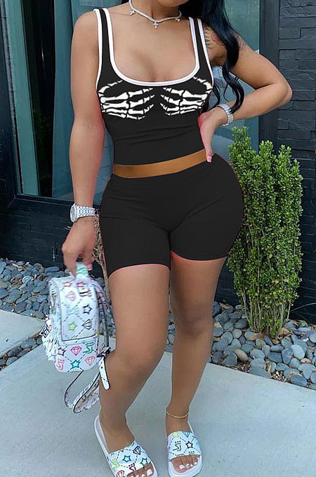 Offset Printing Sexy Skeleton Hands Short Sleeve Shorts Sets MOL142