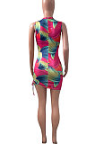 Sexy Women Batch Printing Shirred Detail Mini Dress NK225