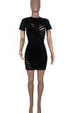 Hurnt Flower Sexy Hollow Out Short Sleeve Pure Color Mini Dress MOL149