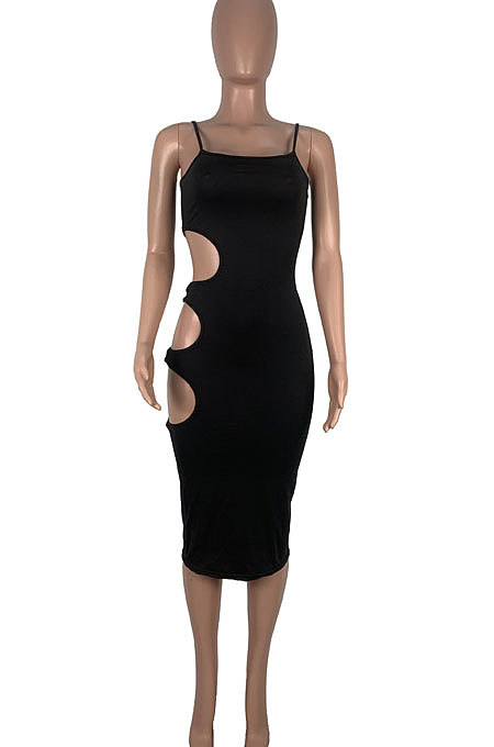 Pure Color Sexy Hollow Out Gallus Midi Dress MOL151