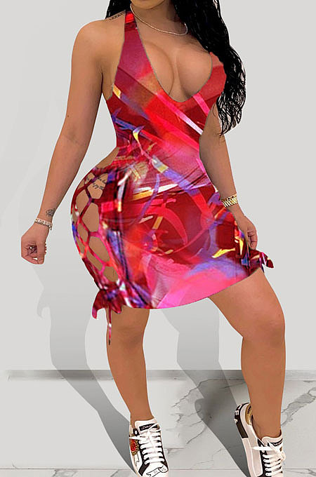 Sexy Printing Drawsting Eyelet Mini Dress MOL135