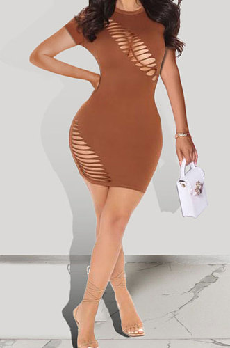 Hurnt Flower Sexy Hollow Out Short Sleeve Pure Color Mini Dress MOL149