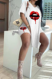 Sexy Mouth Graphic Printing Pure Color Short Sleeve Shorts Sets MOL140