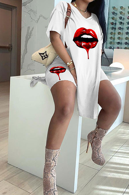 Sexy Mouth Graphic Printing Pure Color Short Sleeve Shorts Sets MOL140
