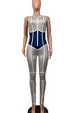 Leisure Sleeveless Print Striped Round Neck Women Tight Jumpsuit KDN2119