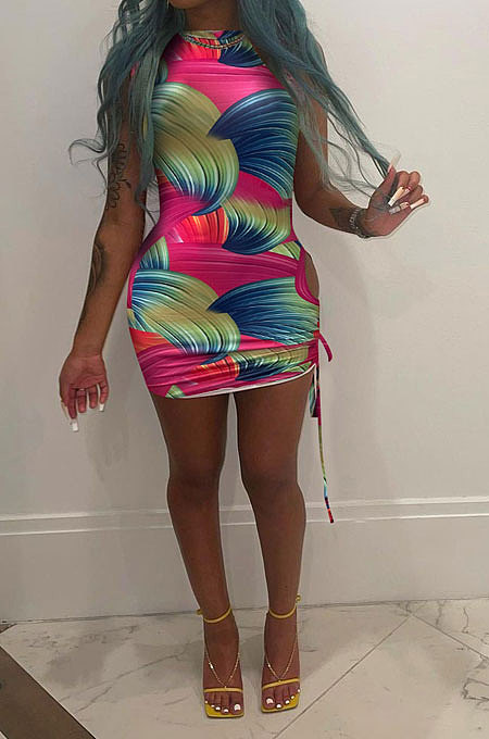 Sexy Women Batch Printing Shirred Detail Mini Dress NK225