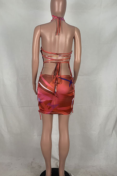 Sexy Printing Drawsting Eyelet Mini Dress MOL135