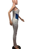Leisure Sleeveless Print Striped Round Neck Women Tight Jumpsuit KDN2119