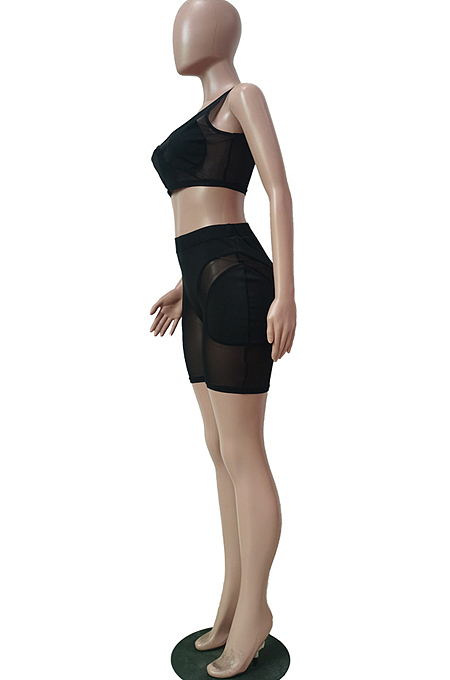 Sexy Net Yarn Spliced Shorts Vest Sports Two-Piece TRS1140