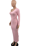 Euramerican Women Pure Color One Shoulder Long Dress QL1013