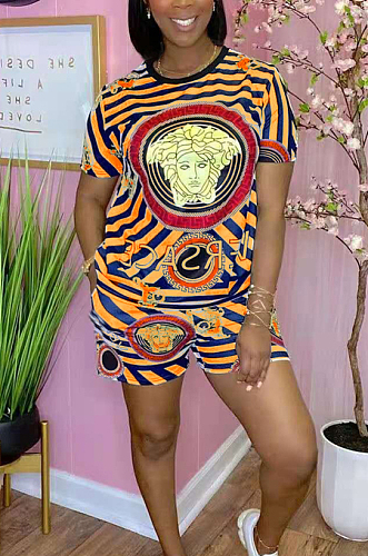 Casual Positioning Print Loose Short Sleeve Shorts Two-Piece TRS1133